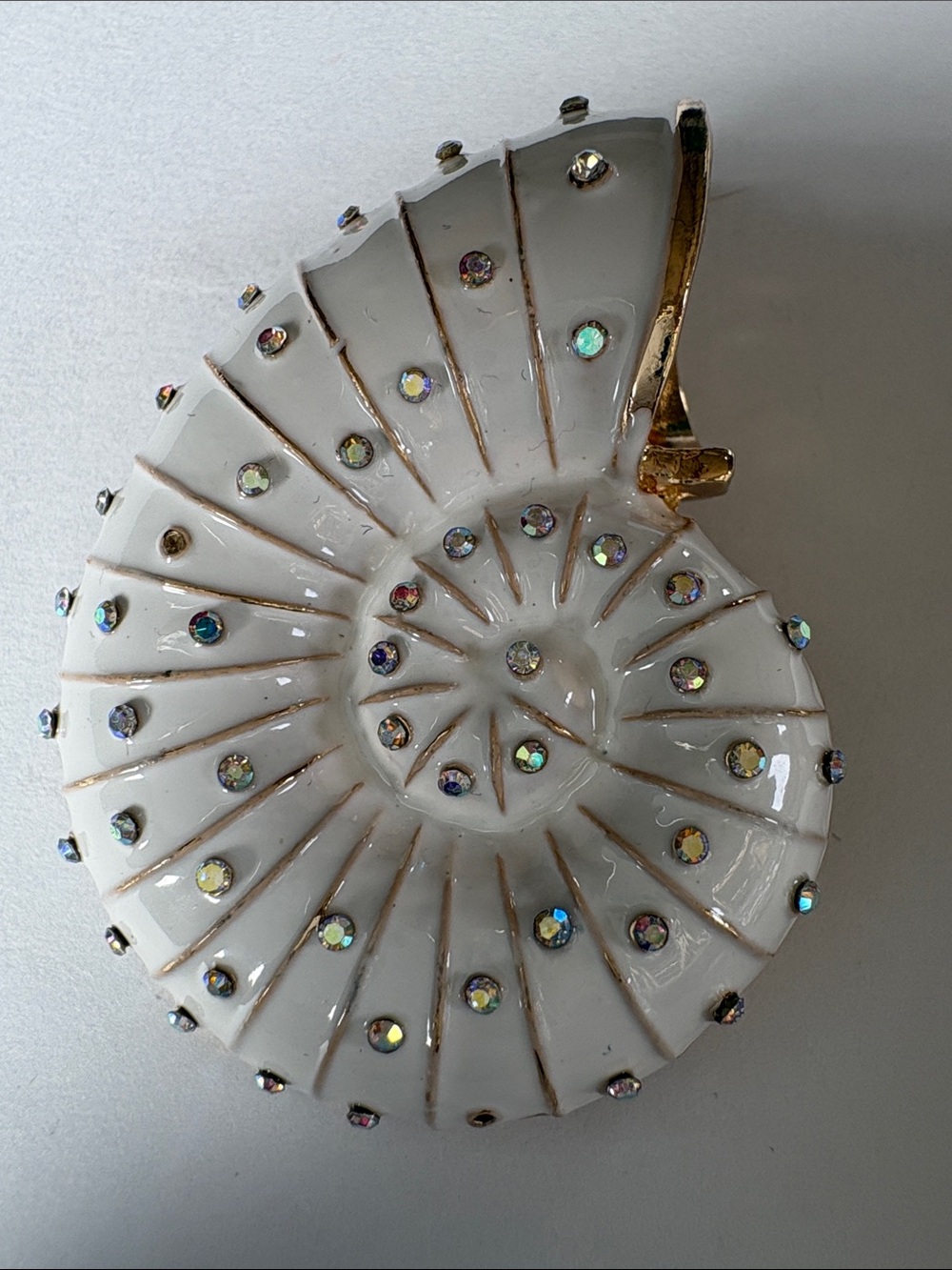 White Enamel Nautilus Shell Brooch with Aurora Rhinestones